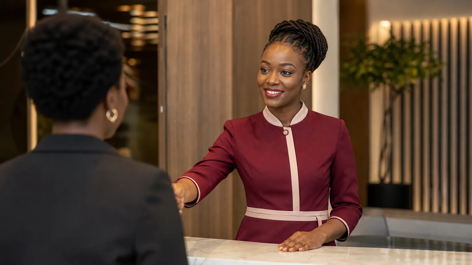 Hôtesse Last Touch Agencies accueillant une invitée
